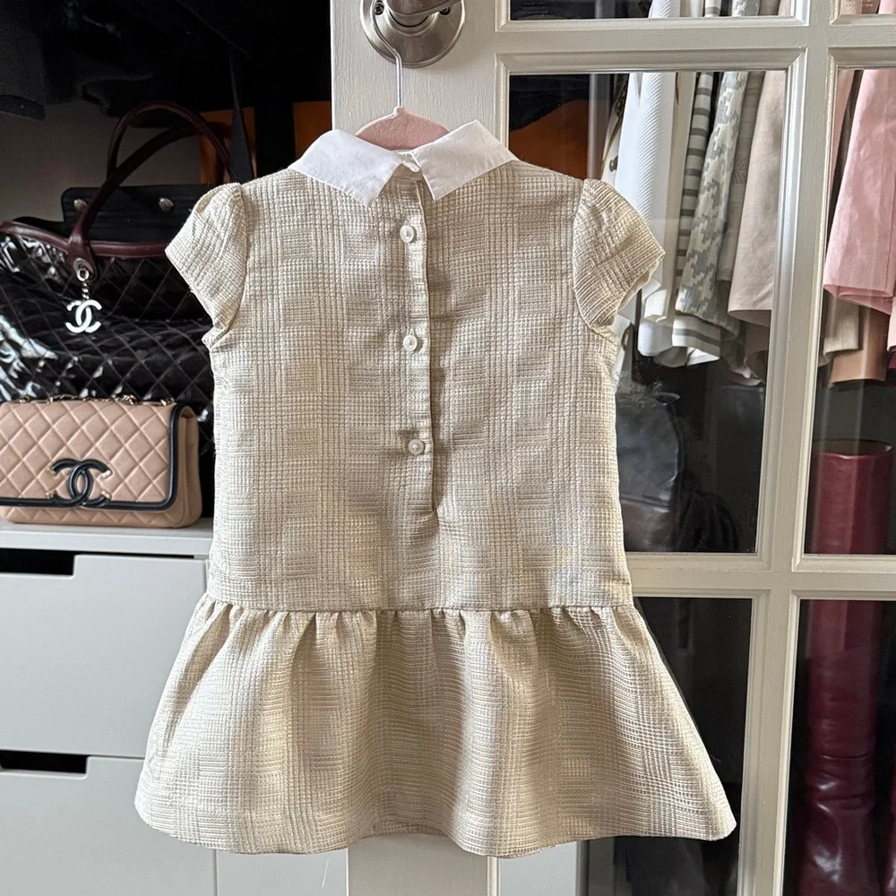 Janie and Jack Cream Dress with Black Velvet Bow - Picture 3 of 6